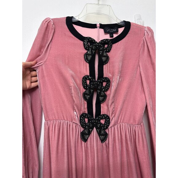 Saloni Camille Crystal Bow Liquid Velvet Midi Dress Rose Pink Black Beaded US 2 - Picture 5 of 16
